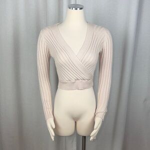 Cream Ribbed Knit Wrap Cropped Top Size XS